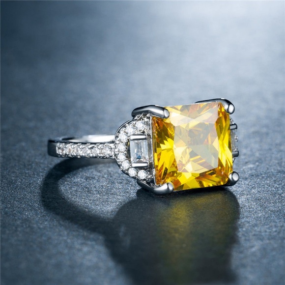 925 Silver Ring Princess Cut Citrine New